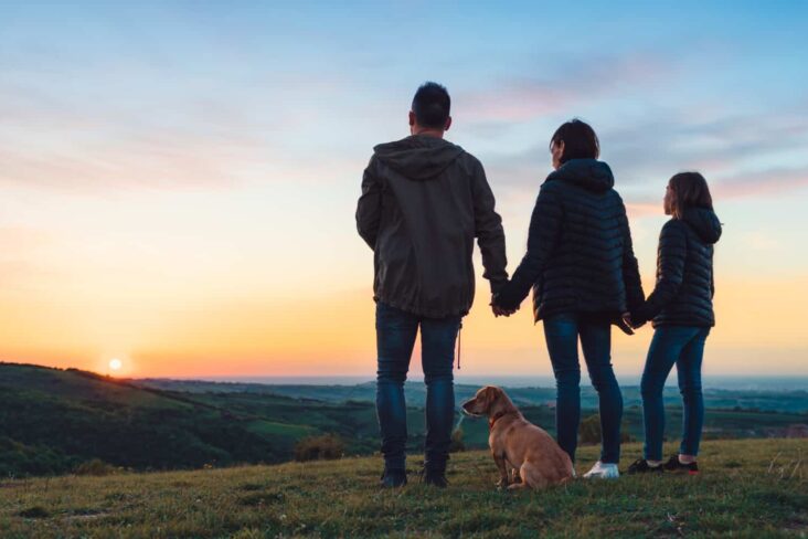 Uma família (pai, mãe e criança) de mãos dadas a ver o pôr do sol, acompanhados pelo cão