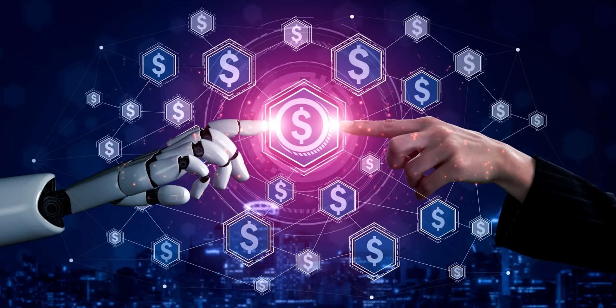 Raquel Nogueira, da Fintech House: “É imperativo que as fintechs se provem essenciais aos incumbentes” Imagem relacionada com a inteligência artificial onde a mão de um robô e de um humano se tocam