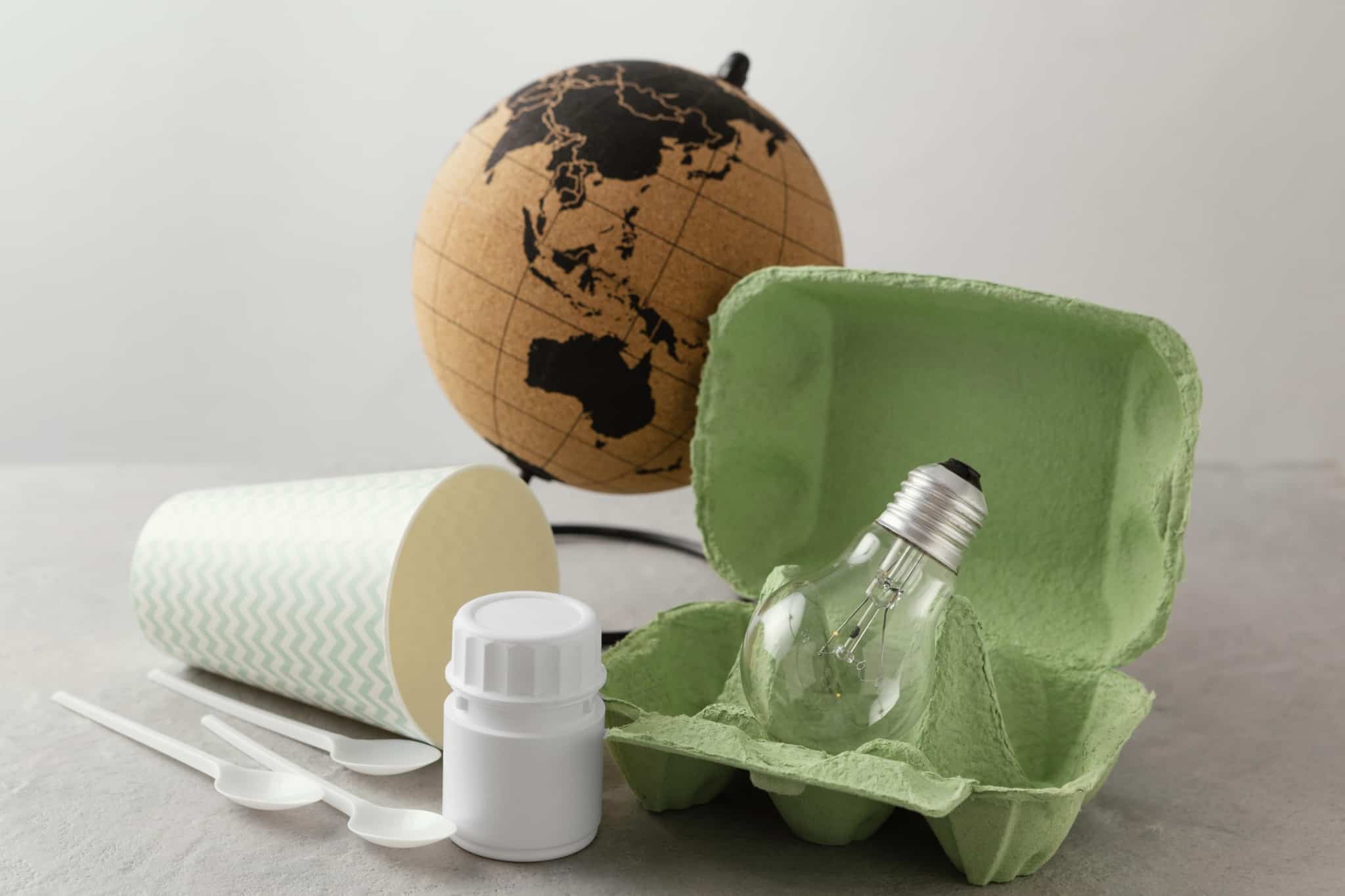 globo terrestre rodeado de embalagens de plástico