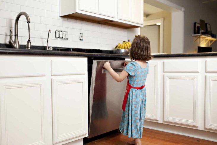 Criança a abrir a porta da máquina de lavar loiça