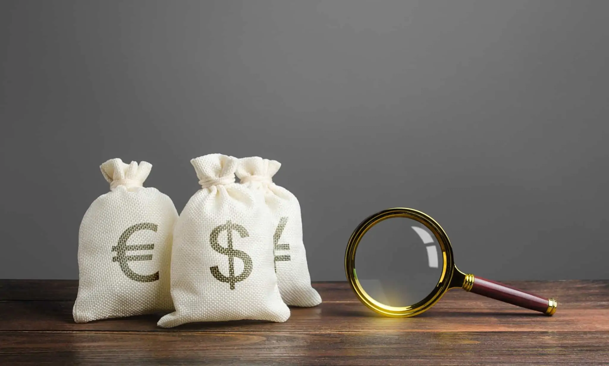 O que são obrigações verdes? Sacos de serapilheira com símbolos de euro e dólar estampados e ao seu lado uma lupa