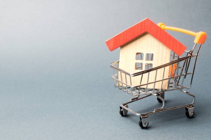 comprar casa ou moradia ilustrada com produção forográfica de uma casa num carrinho de supermercado