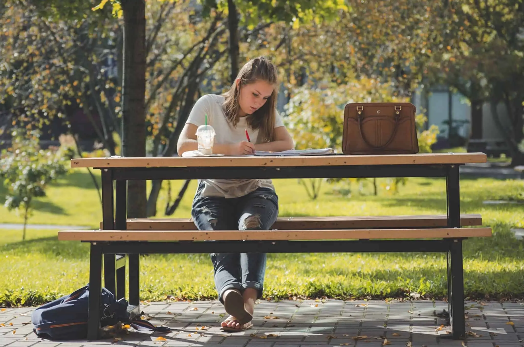 Congelar a matrícula na universidade: Saiba antecipadamente como agir jovem estudante universitária, num banco de jardim, analisar documentos para congelar a matrícula