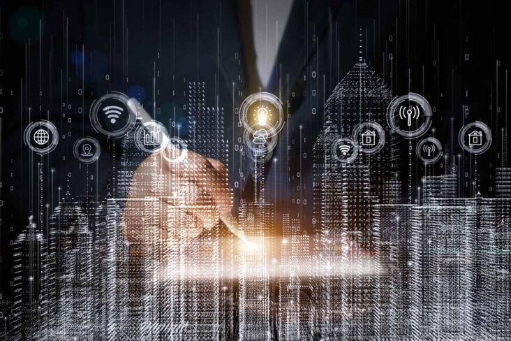 fintechs ilustradas com produção fotográfica com amboente de computação, símbolos das finanças, internet e afins