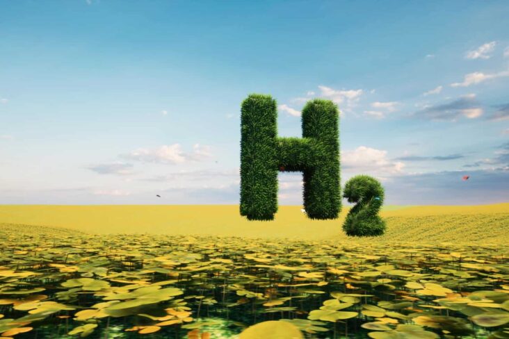 hidrogénio ilustrado com produção fotográfica na qual o H2 está a pairar sob um campo verde e o símbolo está revestido de plantas verdes