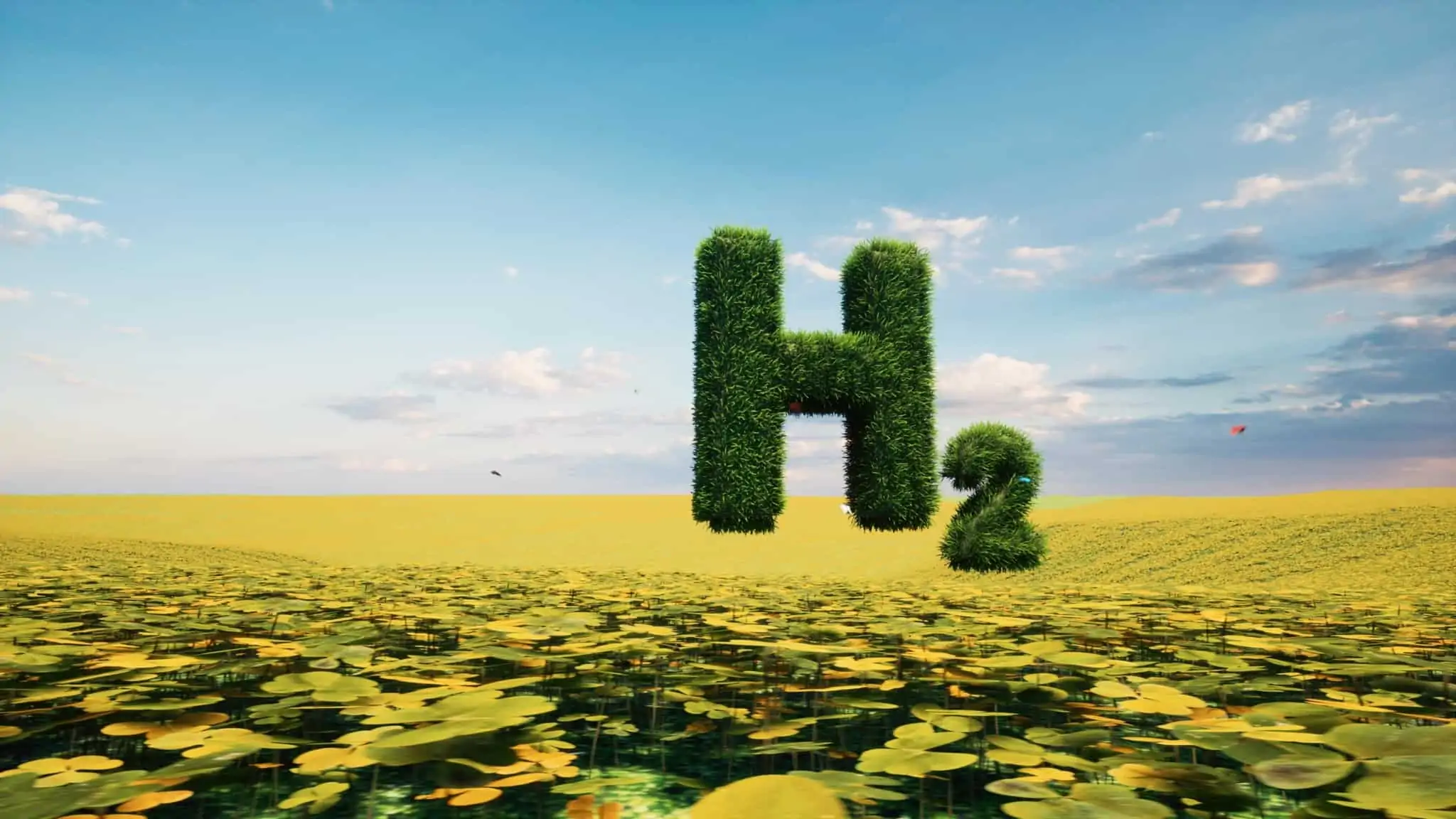 Hidrogénio: O que é e como pode poupar com esta “força da natureza” hidrogénio ilustrado com produção fotográfica na qual o H2 está a pairar sob um campo verde e o símbolo está revestido de plantas verdes