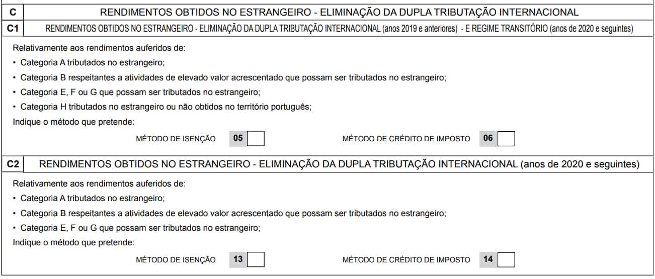 Quadro 6C anexo L do IRS - eliminação da dupla tributação internacional do estatuto do residente não habitual