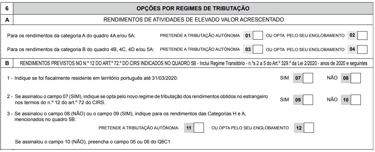 Quadro 6 - anexo L do IRS quadro 6 - opções por regimes de triburação residente não habitual