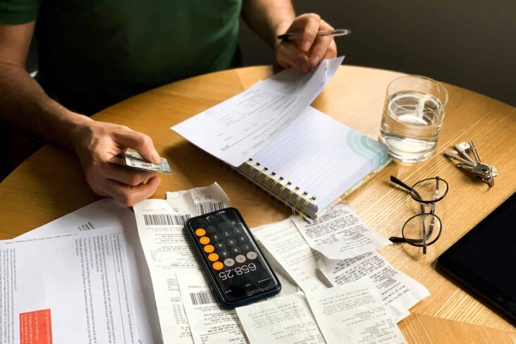 pessoa a fazer contas após utilizar alguns simuladores de crédito consolidado online