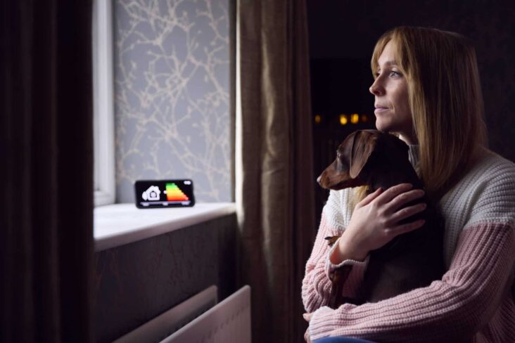 jovem mulher à janela e com o cão ao colo olha para fora, num dia de inverno frio, controlando os gastos de energia monitorizados no telemovel, evitando assim ser arrastada pela crise energética