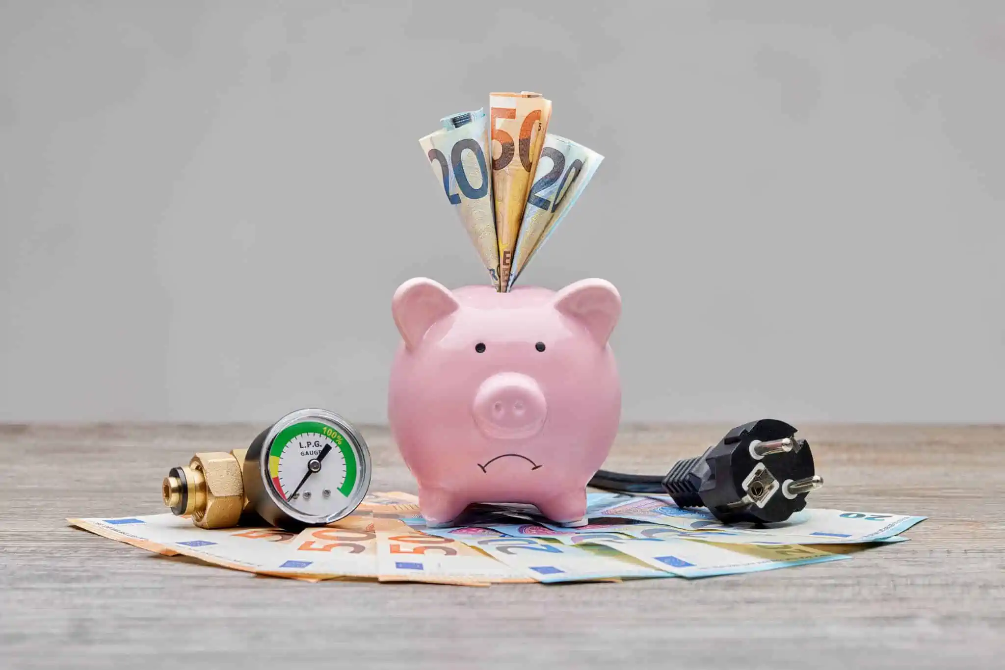 6 dicas para economizar nas despesas domésticas um porquinho mealheiro cor de rosa em cima de um leque de notas de Euro, que também estão a sair da sua ranhura, rodeado por ficha elétrica e medidor de gás, ilustram as dicas para economizar nas despesas domésticas