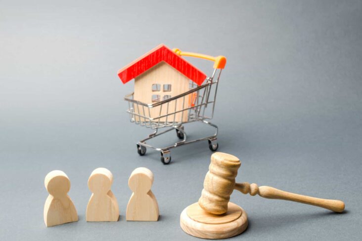 leilões das finanças referentes a casas ilustrados por um mini carrinho de compras de supermercado que leva lá dentro uma casa, em madeira, rodeado por peões de madeira e um martelo, tudo em madeira também