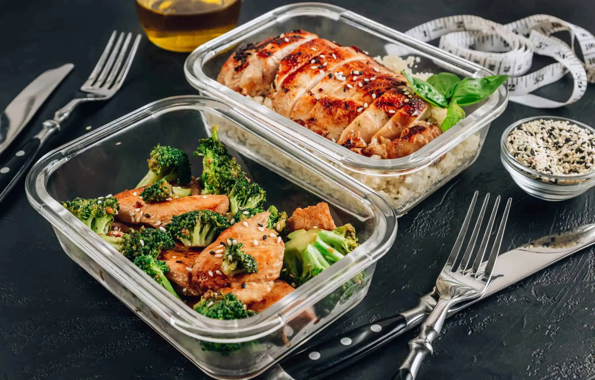 Almoço no trabalho: 8 estratégias para maximizar a poupança duas marmitas, em pirex transparente, cheias com o almoço feito de opções saudáveis