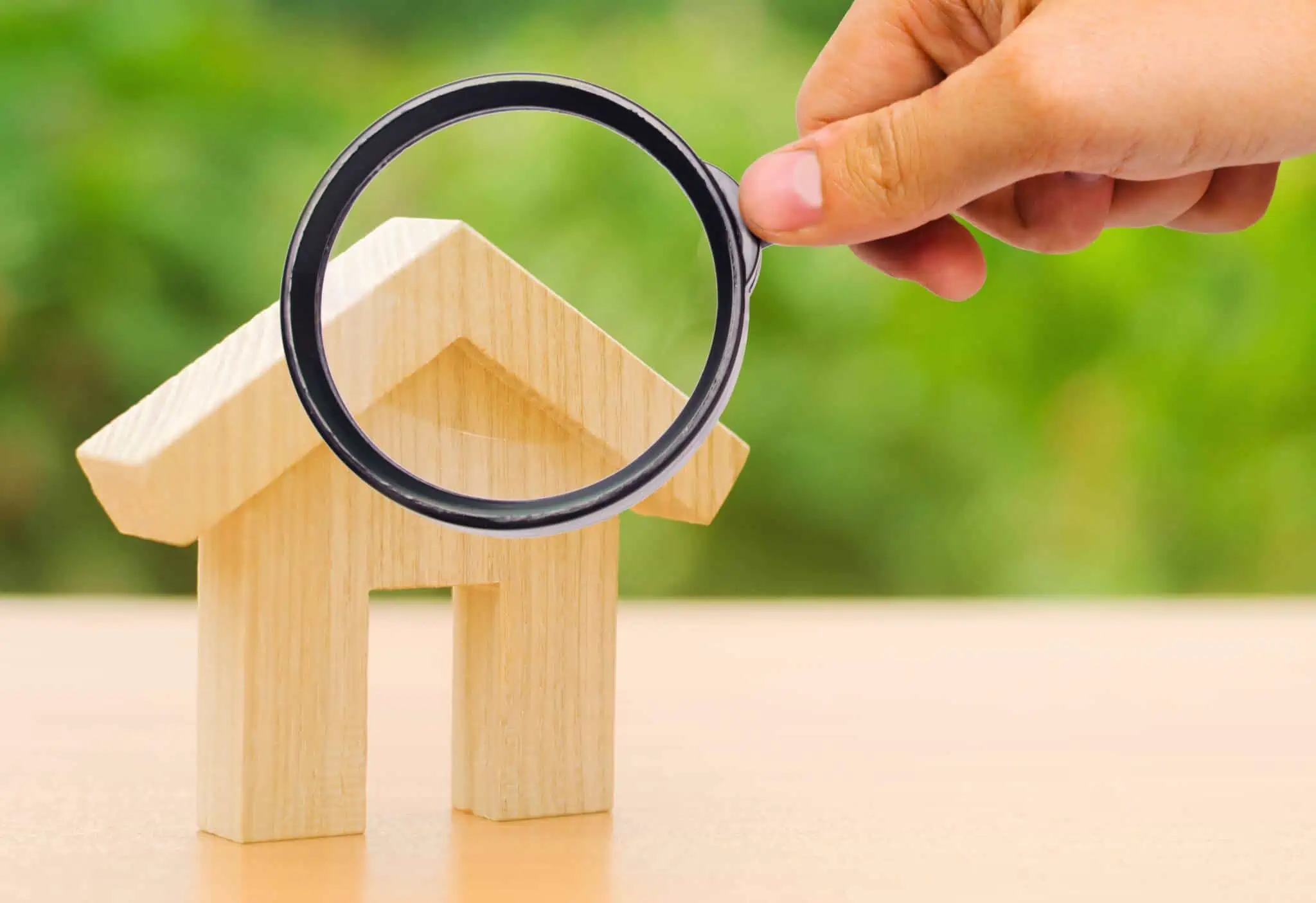 Como é que a avaliação da casa pode condicionar a sua venda? casa de madeira a ser vista com uma lupa a ilustrar a avaliação da casa que pode querer comprar