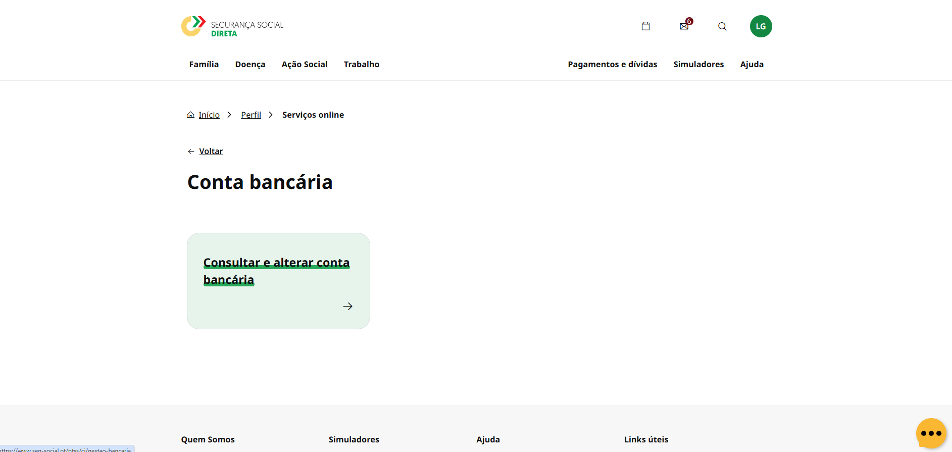 Printscreen da Segurança Social Direta: mudar o IBAN / NIB