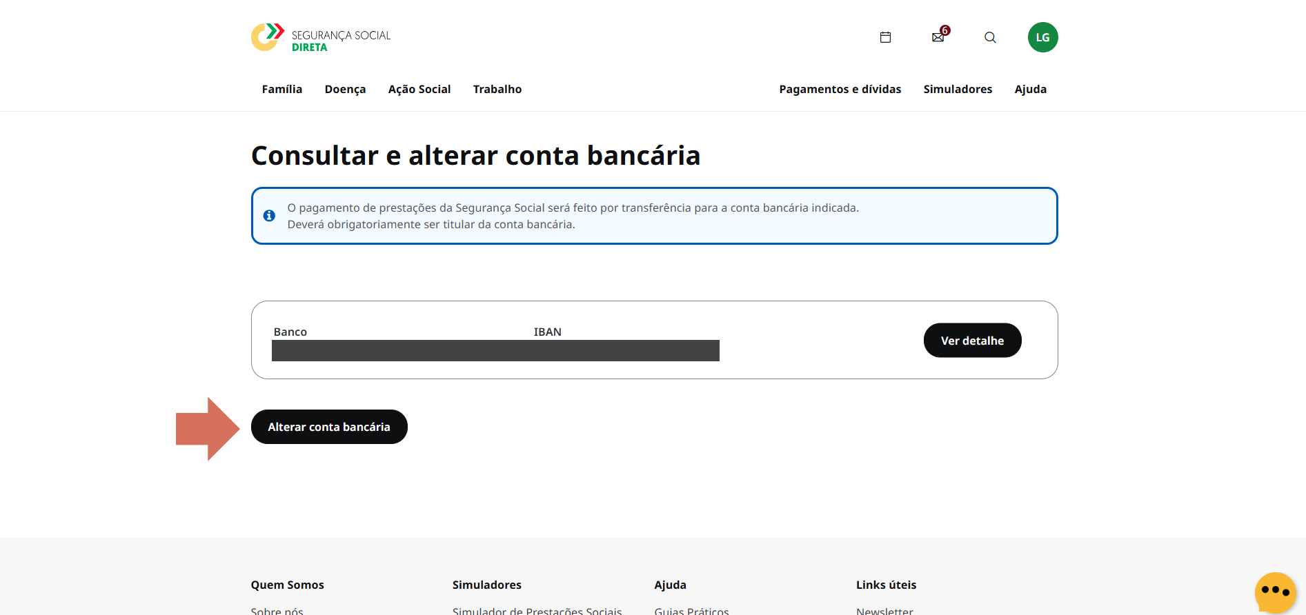 Printscreen da Segurança Social Direta: mudar o IBAN / NIB