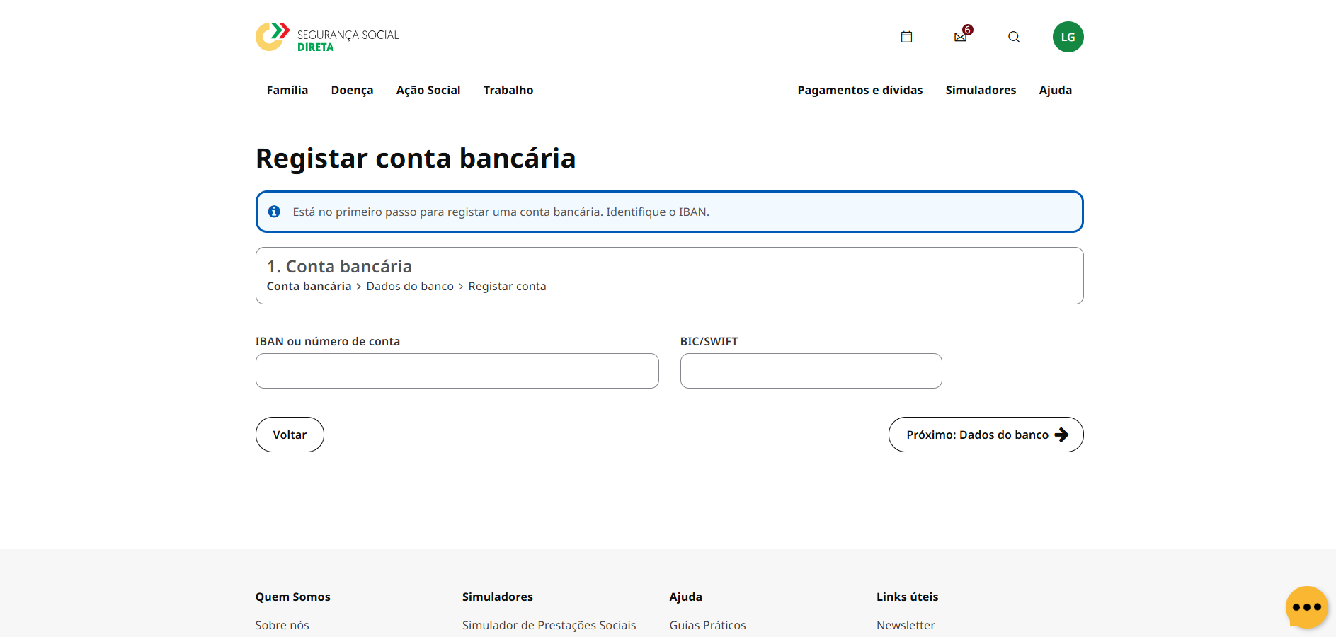 Printscreen da Segurança Social Direta: mudar o IBAN / NIB