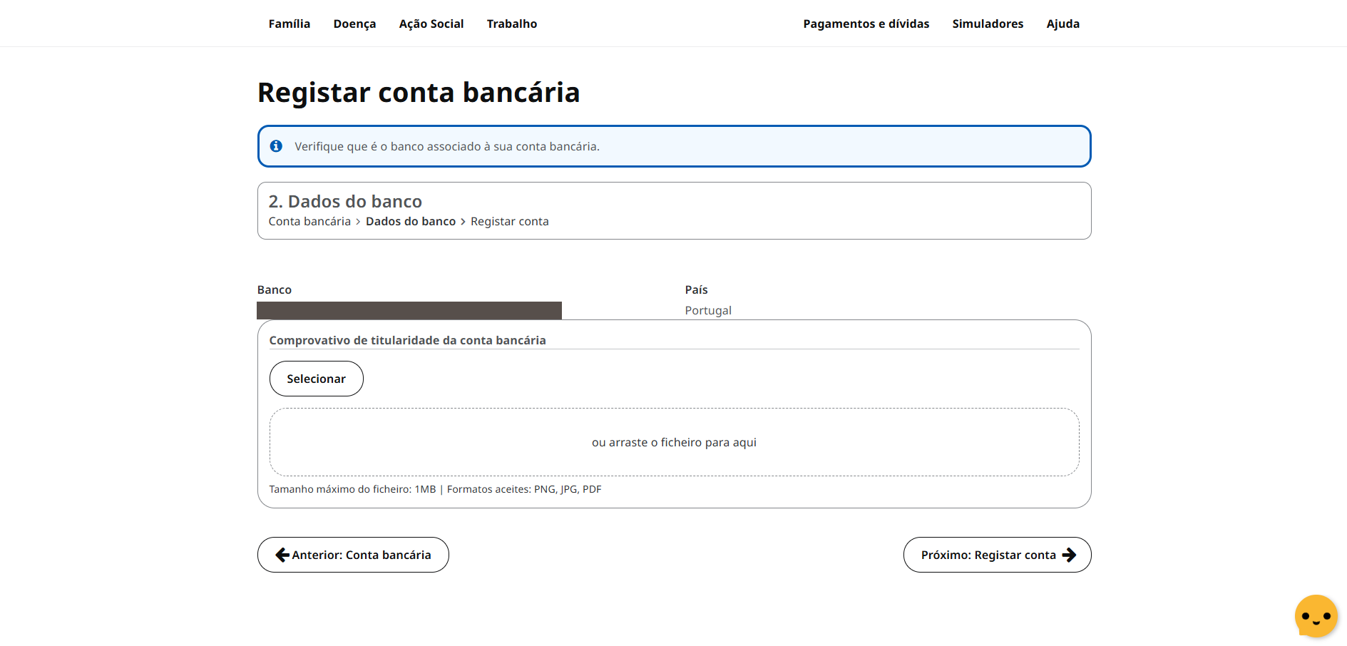 Printscreen da Segurança Social Direta: mudar o IBAN / NIB