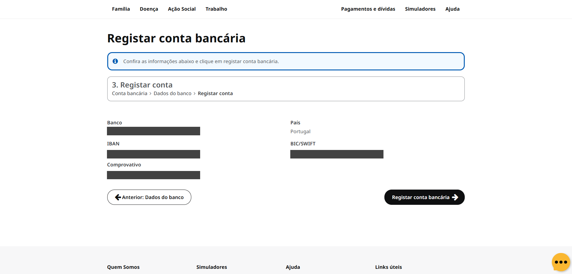 Printscreen da Segurança Social Direta: mudar o IBAN / NIB