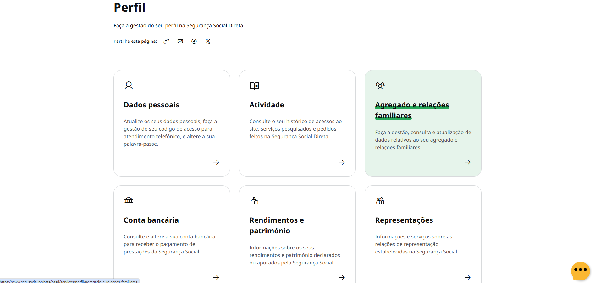 Printscreen da Segurança Social Direta: alterar o agregado familiar