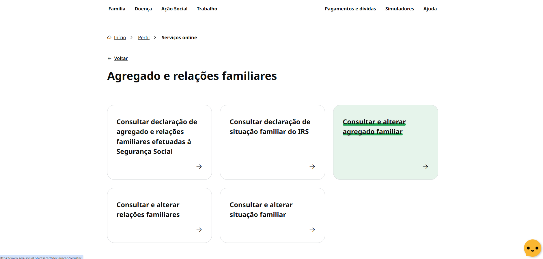 Printscreen da Segurança Social Direta: alterar o agregado familiar
