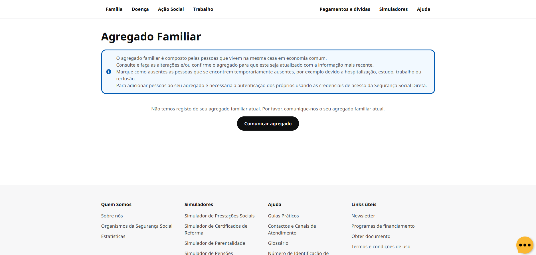 Printscreen da Segurança Social Direta: alterar o agregado familiar