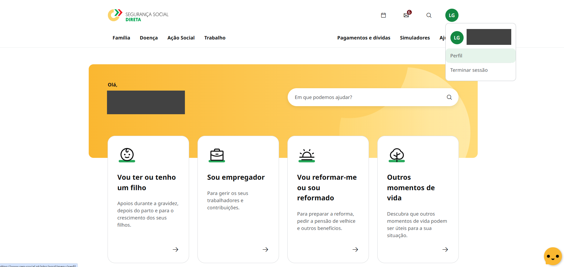 Printscreen da Segurança Social Direta: mudar a morada