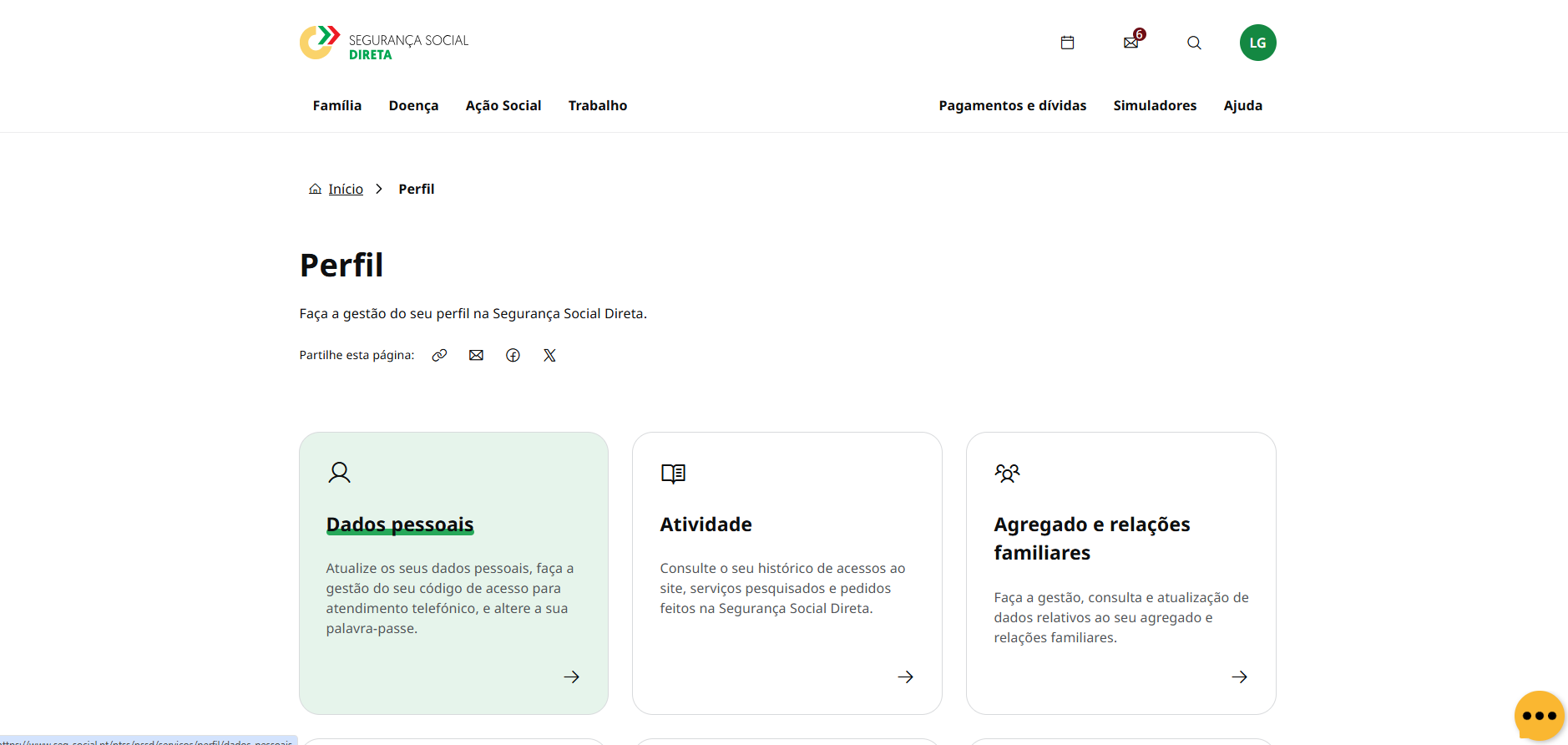 Printscreen da Segurança Social Direta: mudar a palavra-passe