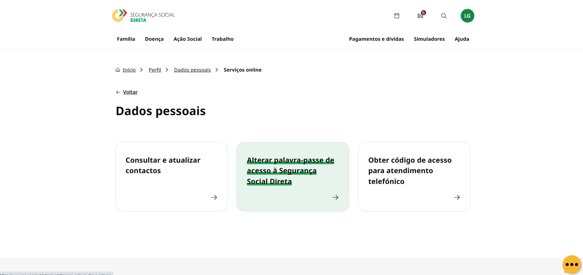 Printscreen da Segurança Social Direta: mudar a palavra-passe