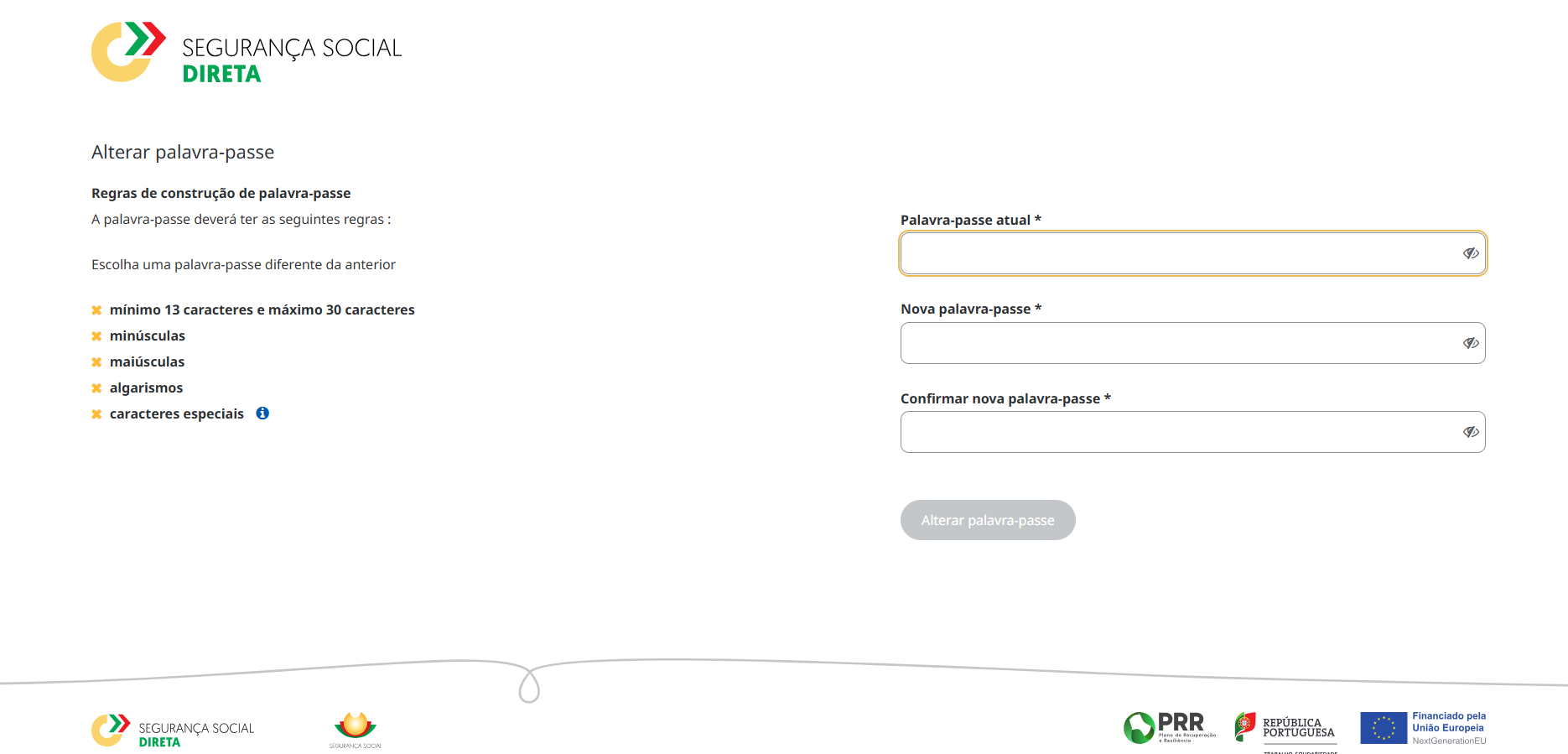 Printscreen da Segurança Social Direta: mudar a palavra-passe