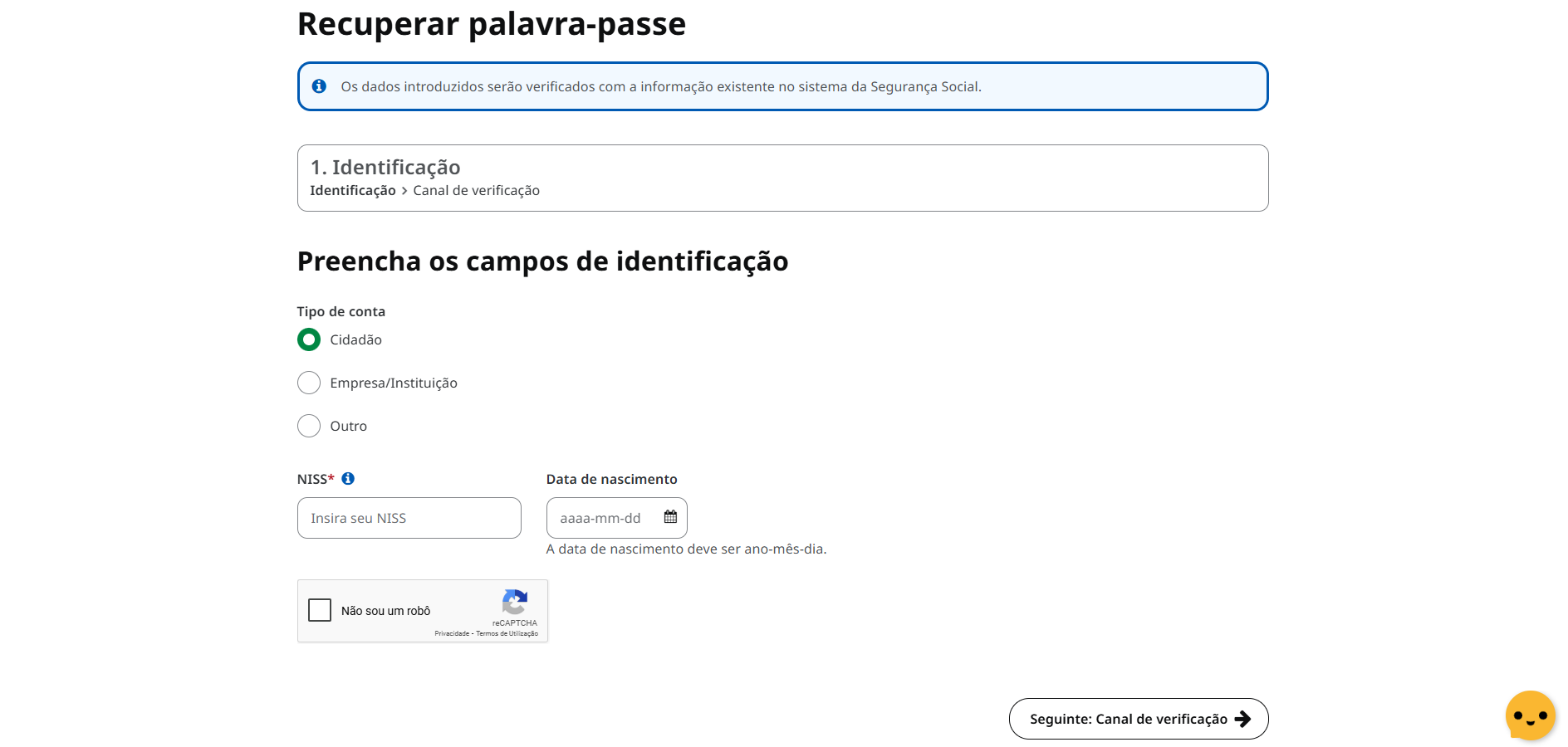 Printscreen da Segurança Social Direta: recuperar a palavra-passe