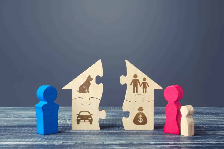 peças em madeira , peões coloridas para as pessoas e maqueta de casa partida ao meio como sendo bens , a ilustrar poder alterar regime de bens após casamento