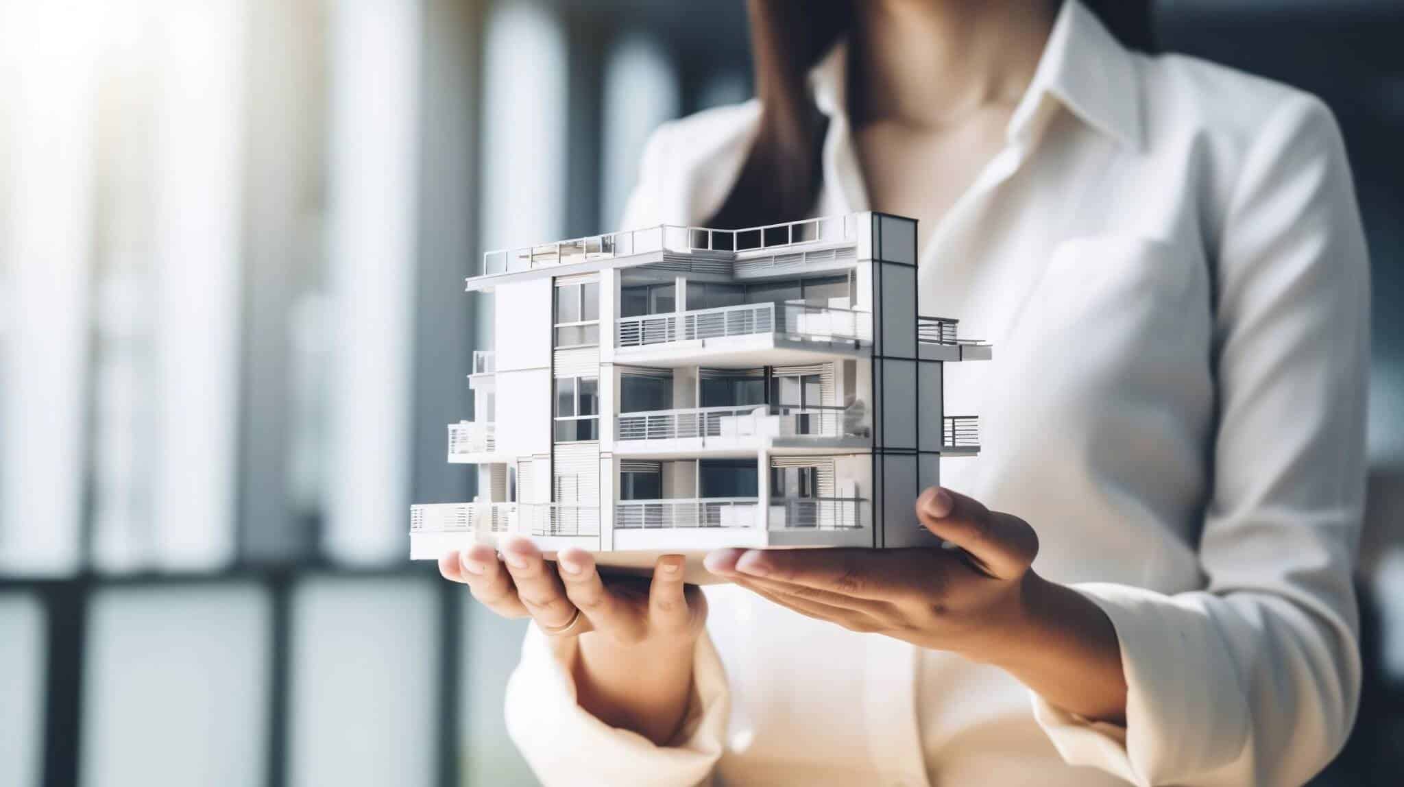 agente imobiliária a segurar prédio em miniatura
