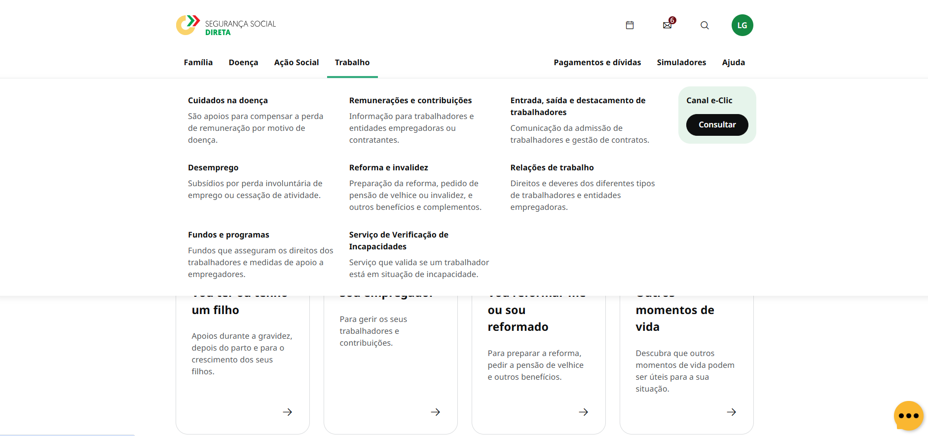 Printscreen da Segurança Social Direta: o que fazer na área pessoal