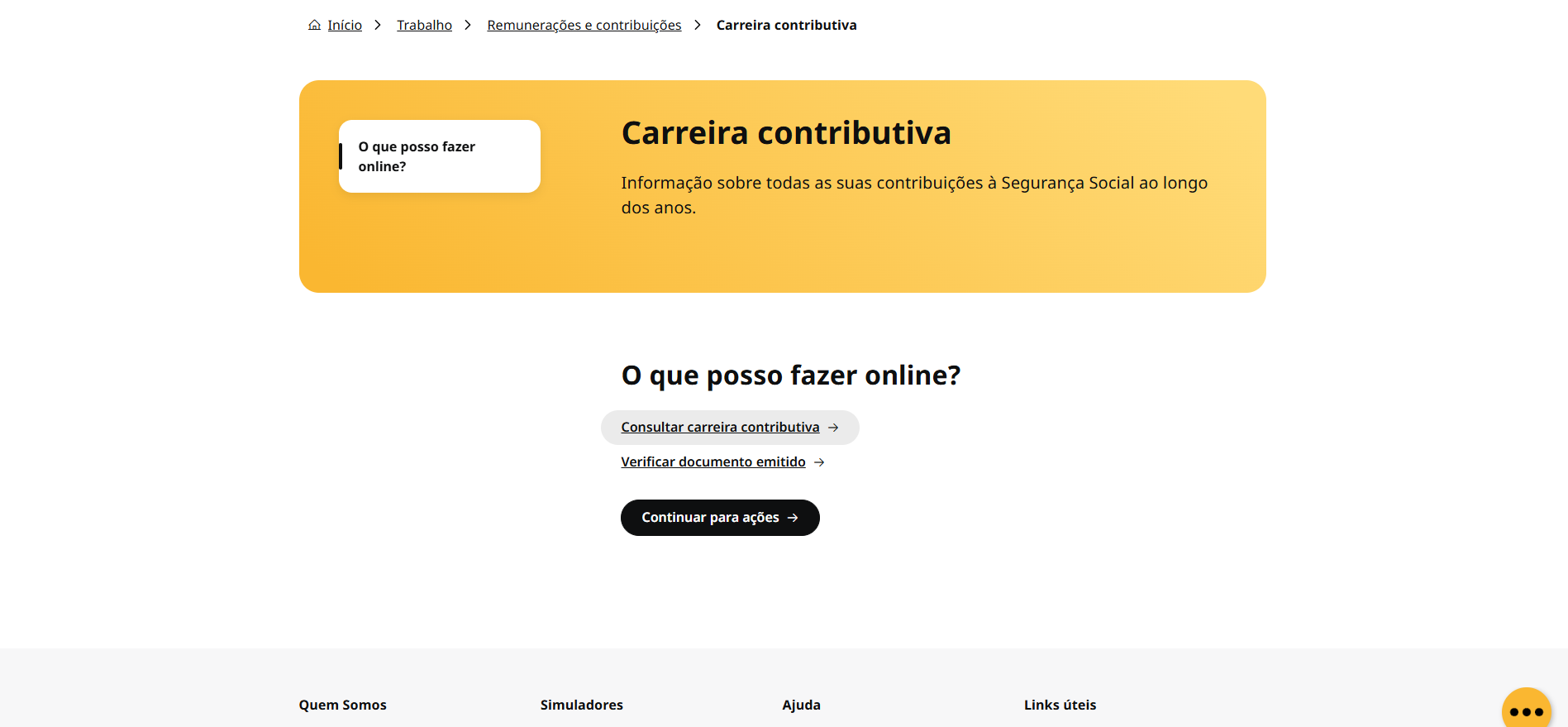 Printscreen da Segurança Social Direta: consultar a carreira contributiva