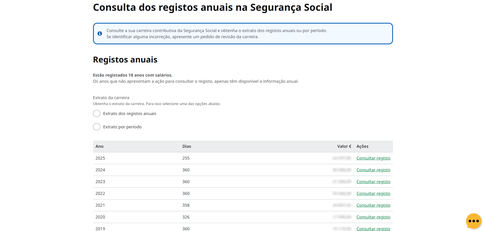 Printscreen da Segurança Social Direta: obter uma visão geral da carreira contributiva