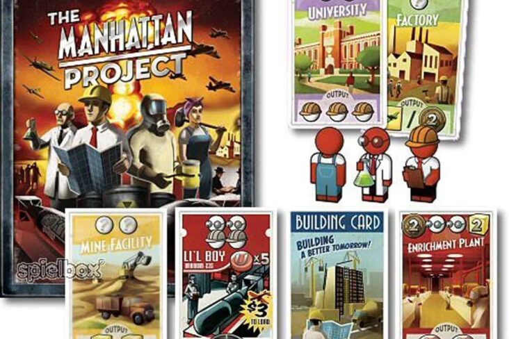 Vários elemento do jogo The Manhattan Project (2012). A caixa e as cartas que fazem parte do jogo