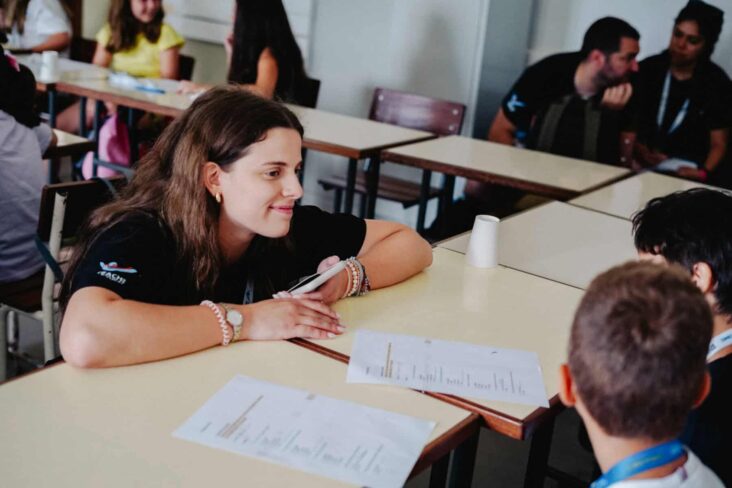 Mentora da Teach For Portgal ajuda alunos do primeiro ciclo a preencherem uma ficha