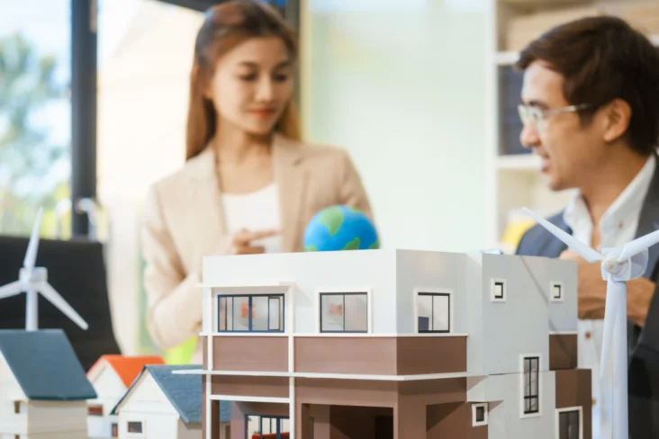 Agente imobiliária no seu escritório a vender uma habitação a um cliente