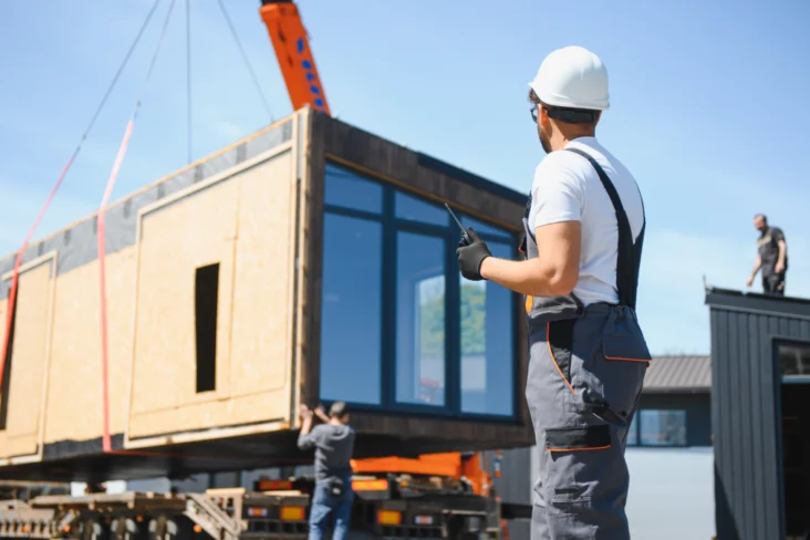 Montagem de uma casa modular pré-fabricada no terreno do comprador