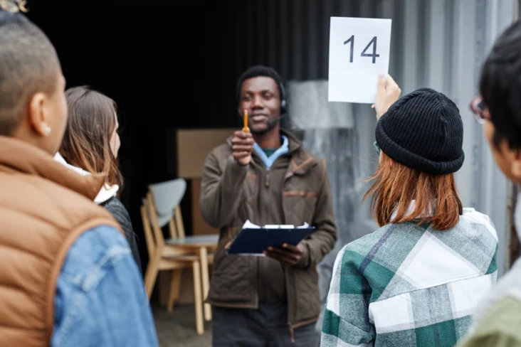Leilão no exterior, mulher segura a sua placa identificativa