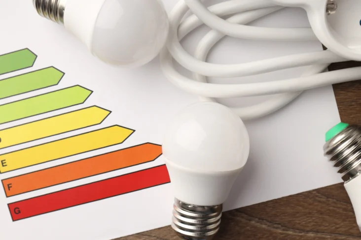 Lâmpadas e extensão de tomadas sobre uma folha de classes energéticas