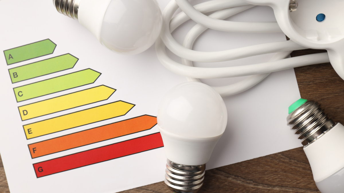 Lâmpadas e extensão de tomadas sobre uma folha de classes energéticas