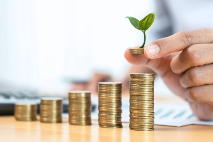 Pessoa empilha moedas em forma de gráfico de barras crescente, com uma planta no topo da moeda