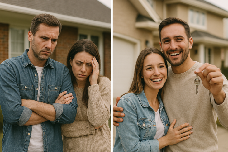 Um casal triste porque não conseguiu comprar a casa e outro casal feliz porque conseguiu comprar a casa dos seus sonhos, pois já tinha o crédito habitação aprovad