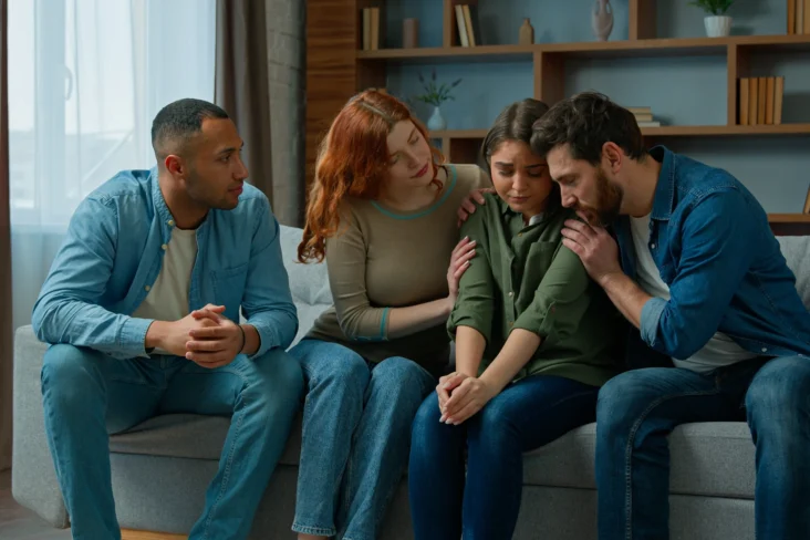 Imagem onde uma família fala com a criança sobre um parente que faleceu