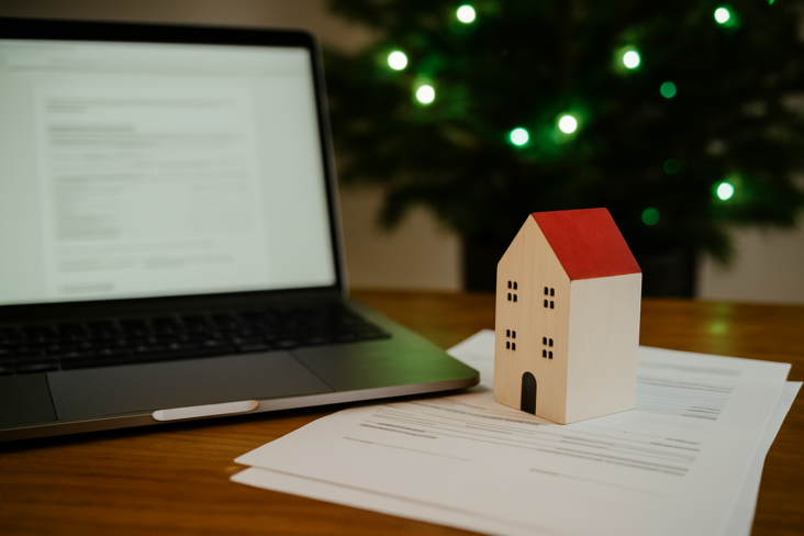 árvore de natal com luzes verdes no fundo. Computador, papéis e casa em miniatura