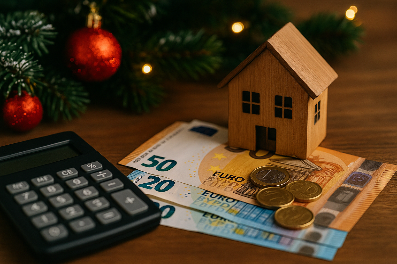 Calculadora, notas de euro, miniatura de casa e decoração de Natal sobre uma mesa de madeira