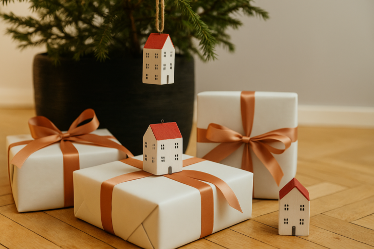 Vários presentes debaixo da árvore com várias casas penduradas na árvore.