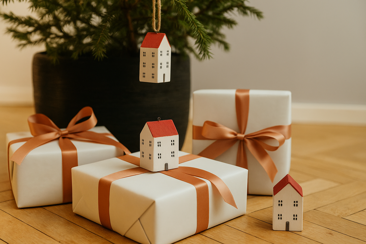 Crédito habitação: como comparar propostas quando todas parecem o “presente” perfeito Vários presentes debaixo da árvore com várias casas penduradas na árvore.